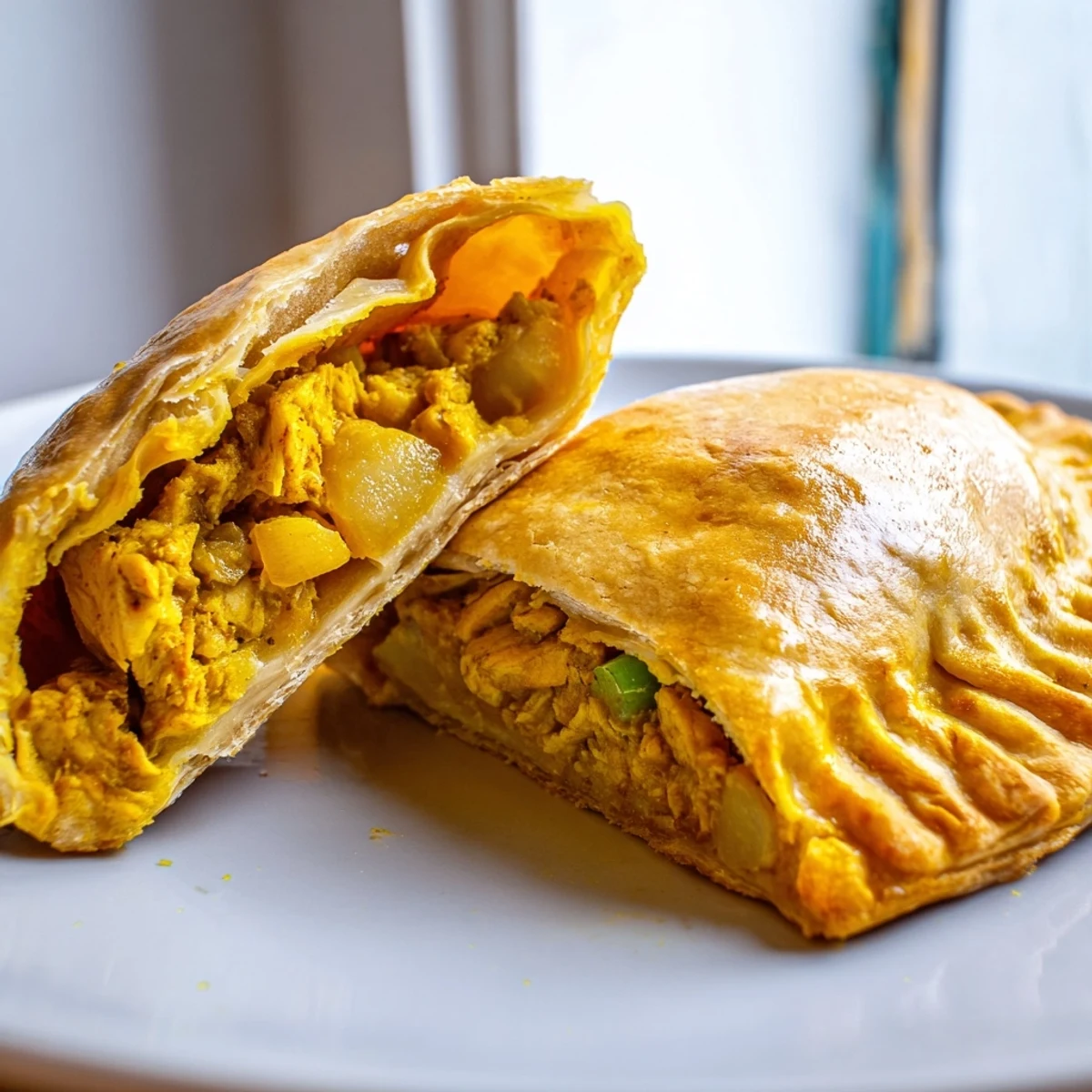 Crispy Jamaican Curry Chicken Patties split open revealing savory spiced chicken filling