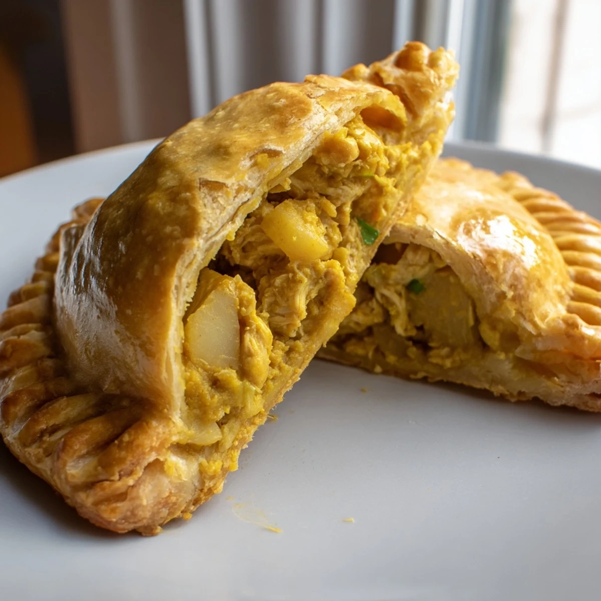 Golden Jamaican Curry Chicken Patties with flaky turmeric pastry on a rustic baking sheet