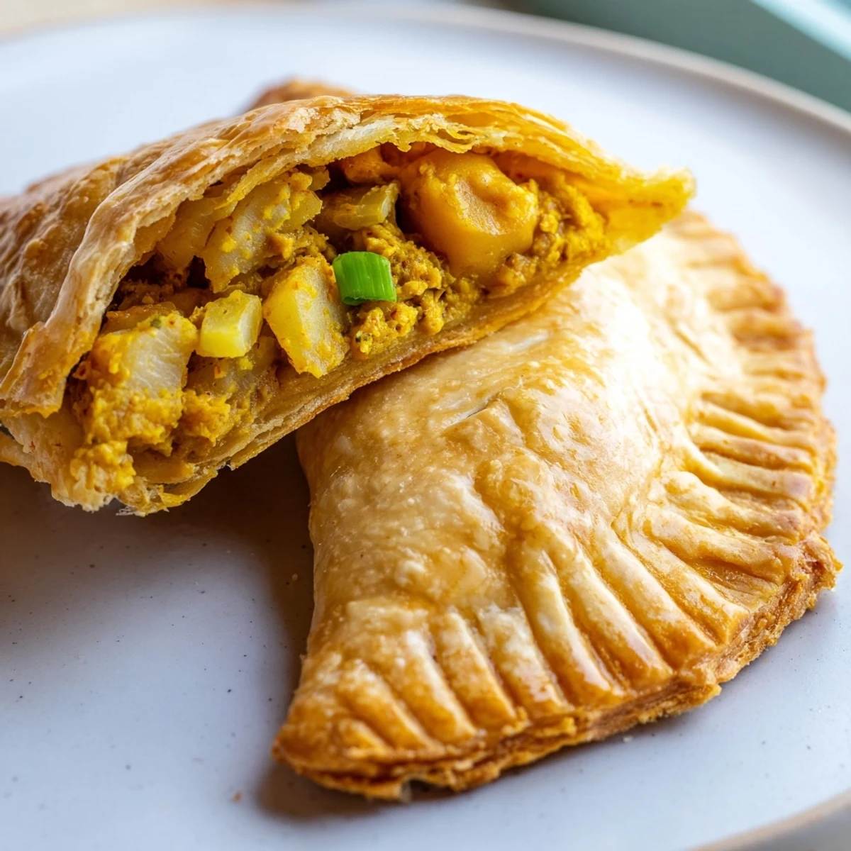 Steaming Jamaican Curry Chicken Patties arranged on a platter with mango chutney dipping sauce
