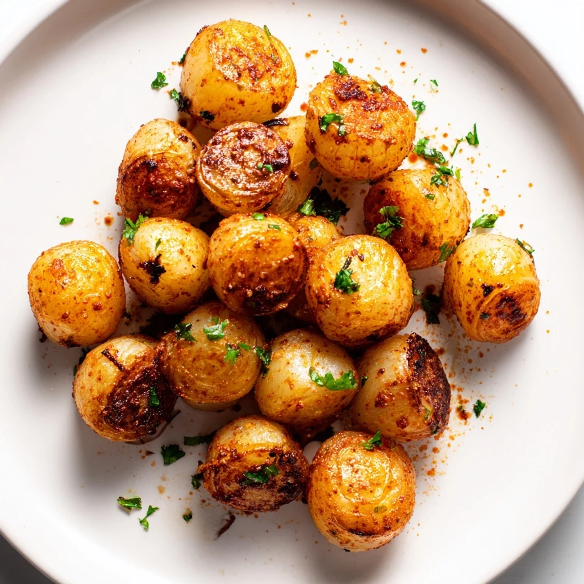 Air Fried Pearl Onions golden and crispy in a rustic bowl garnished with fresh thyme