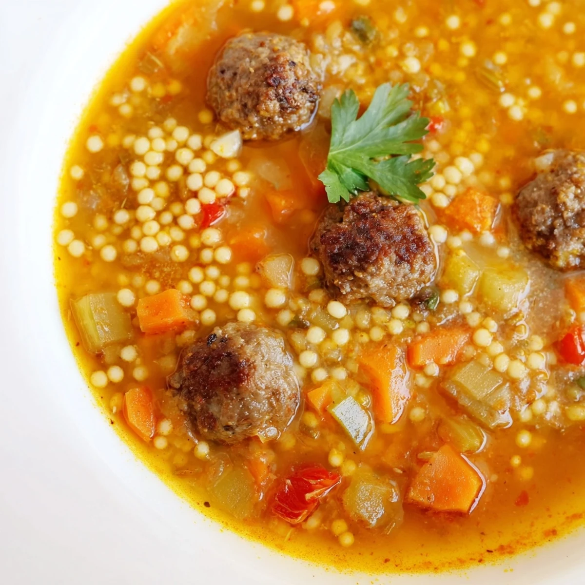 Golden spiced broth with tender meatballs and fluffy couscous in a rustic bowl