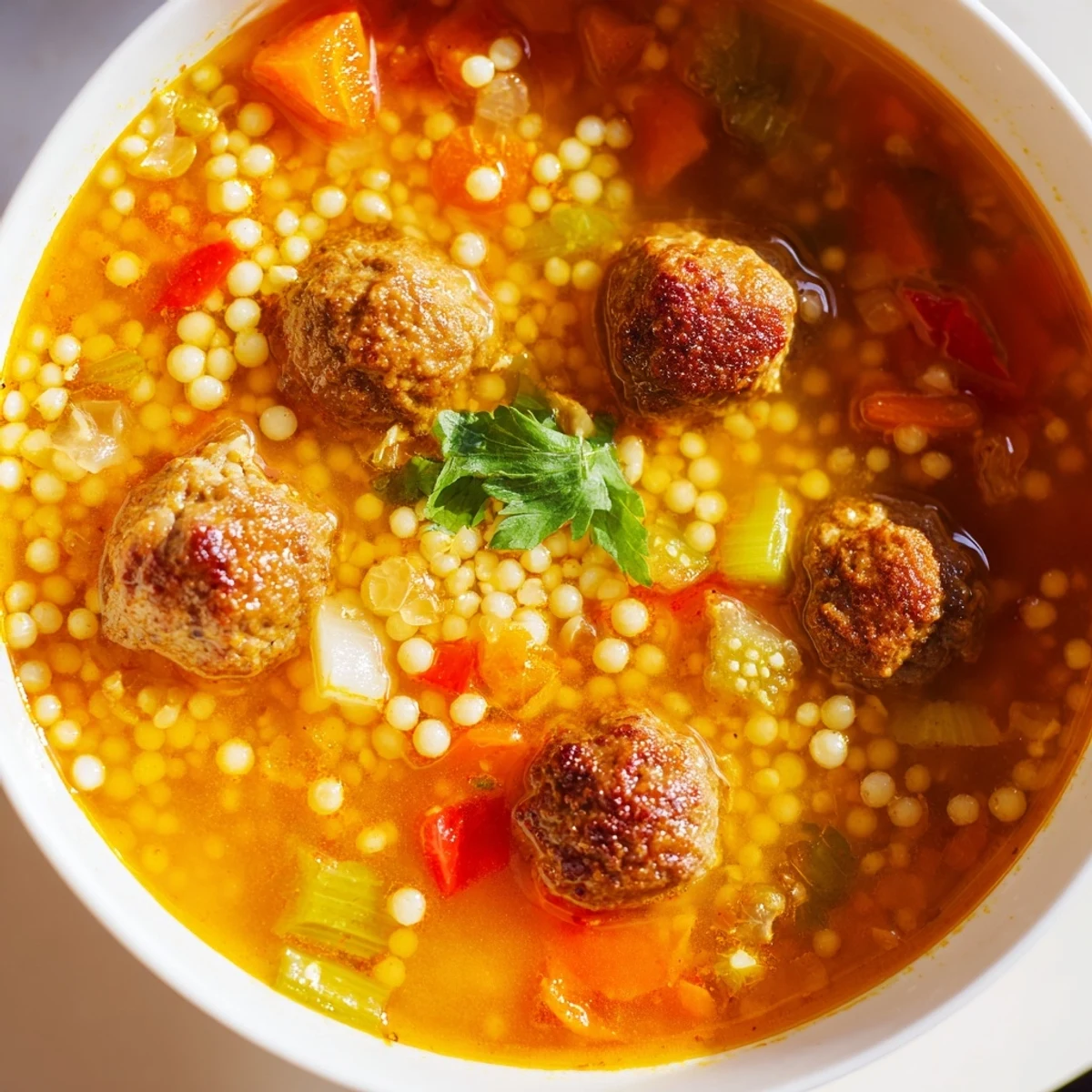 Steaming bowl of Mini Moroccan Meatball Couscous Soup topped with fresh herbs