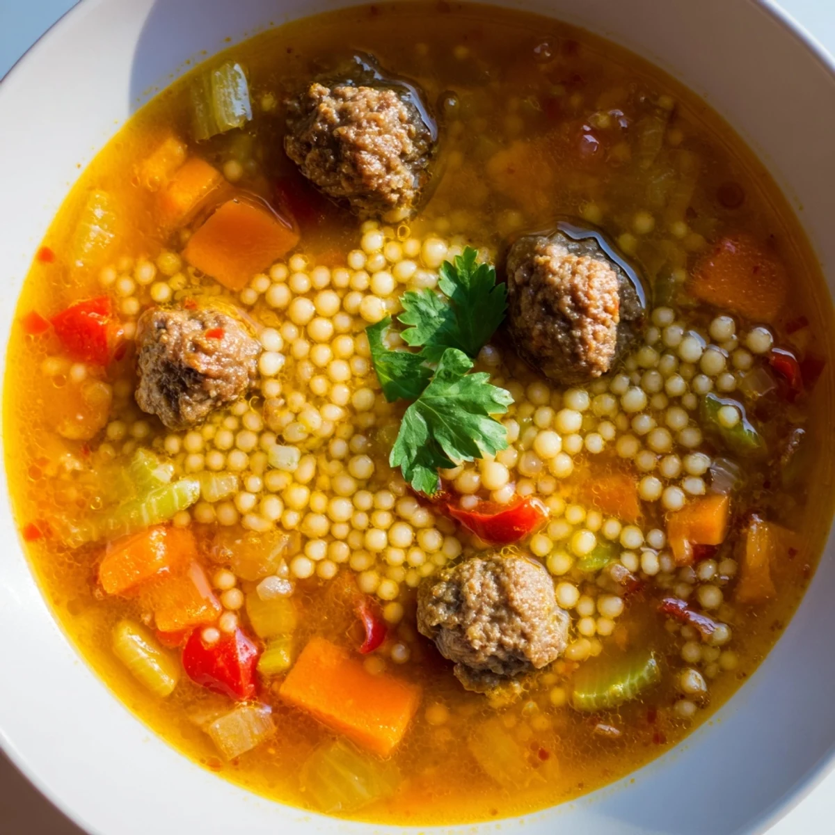 Mini Moroccan Meatball Couscous Soup served with vibrant vegetables and lemon garnish