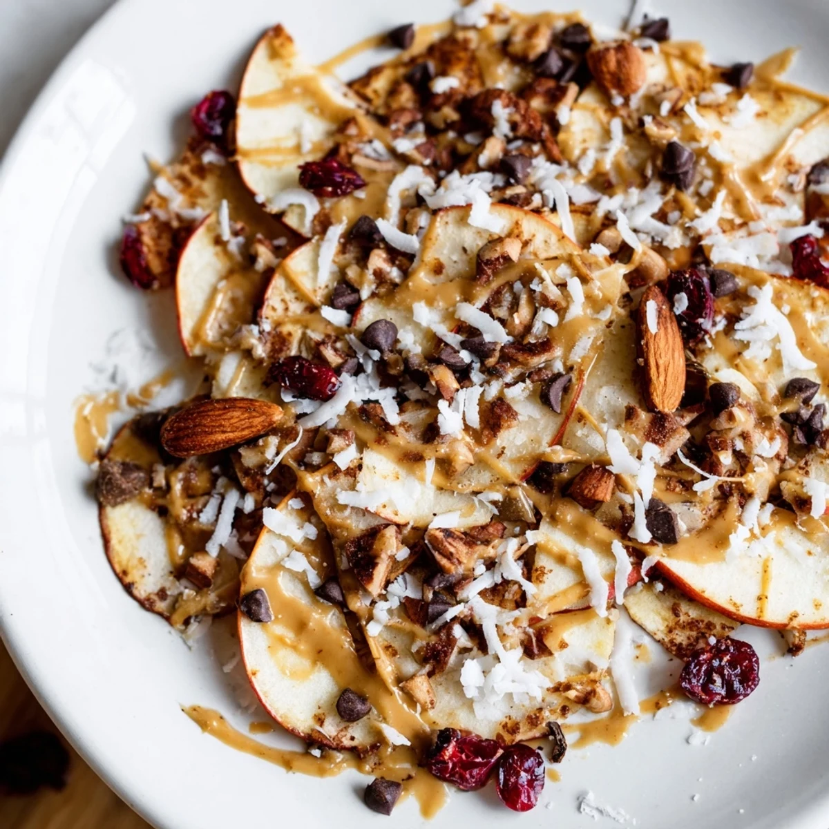 Crispy apple nachos with cinnamon tahini drizzle topped with crunchy nuts and coconut