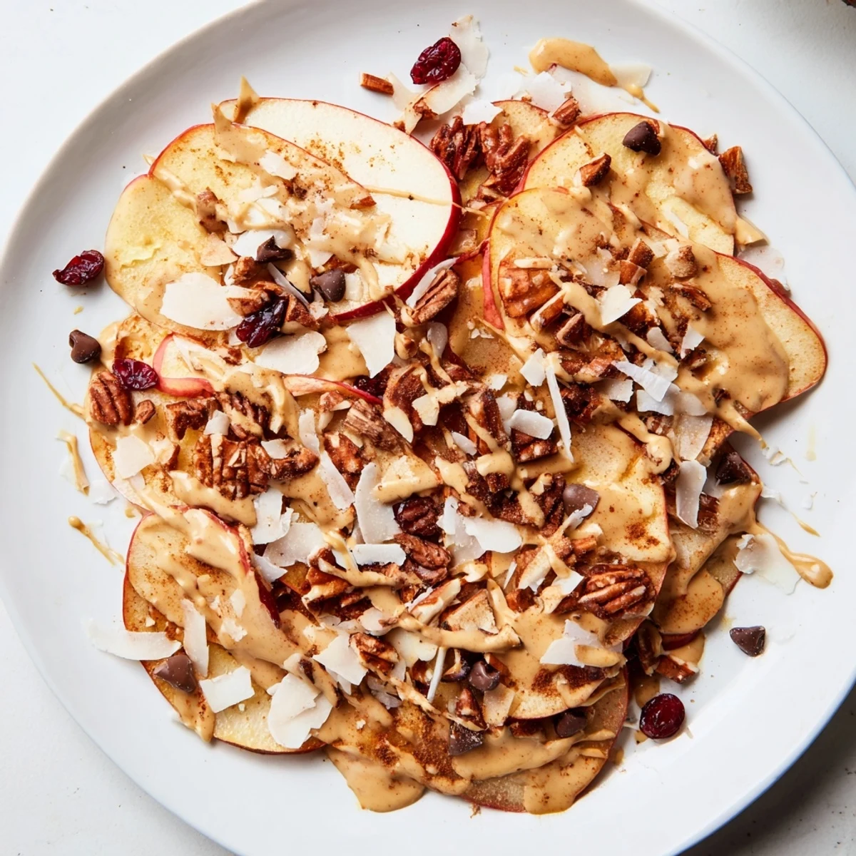 Golden apple slices layered with sweet cinnamon tahini drizzle and chocolate chips