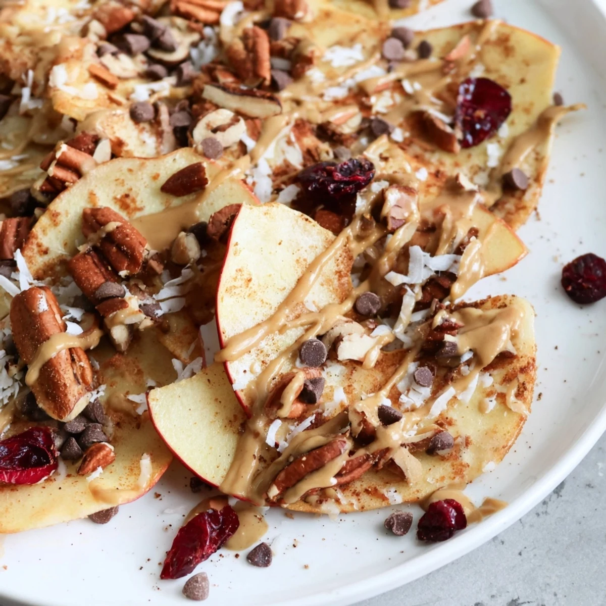 Crispy apple nachos drizzled with warm spiced tahini and sprinkled with dried cranberries