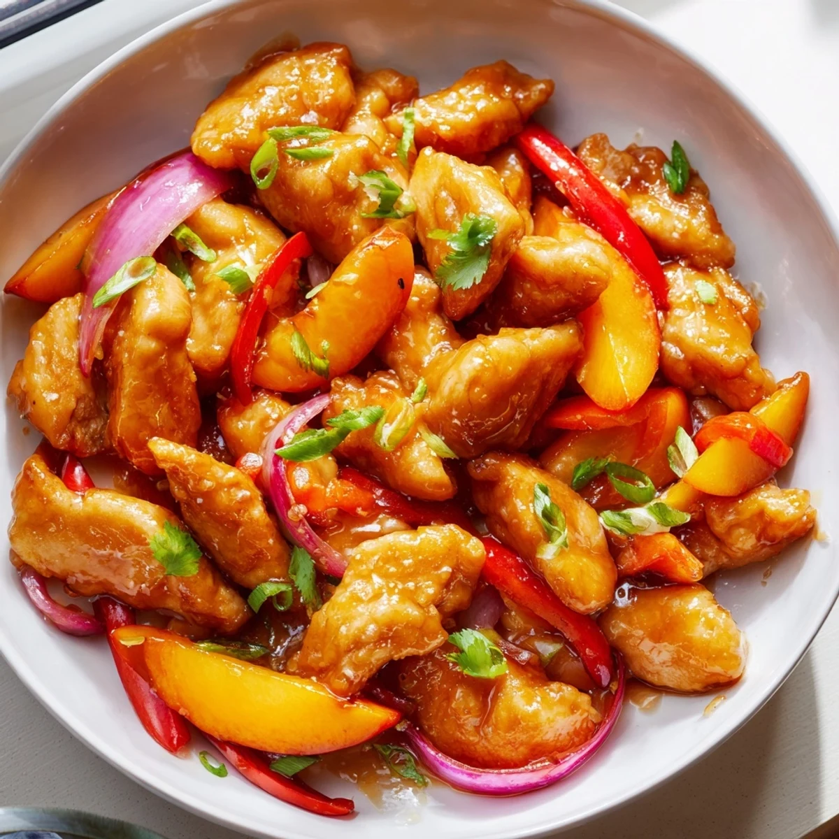 Golden Thai Peach Chicken with caramelized peach slices served over fluffy jasmine rice