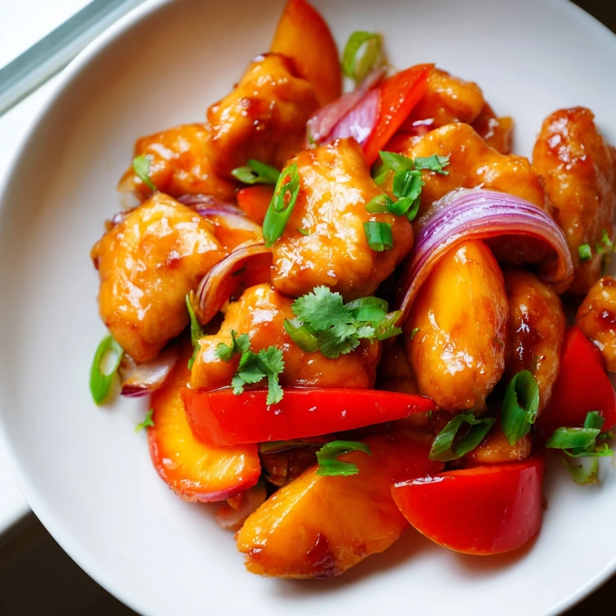Tender glazed Thai Peach Chicken garnished with cilantro and spring onions in skillet