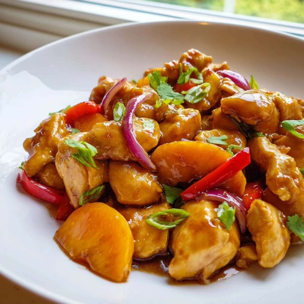 Vibrant Thai Peach Chicken stir fry with sweet peaches, bell peppers, and rich sauce