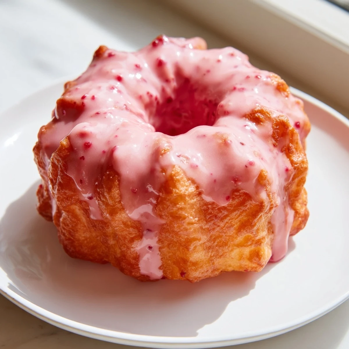 Golden Strawberry Glazed French Crullers dripping with pink icing on a wire rack