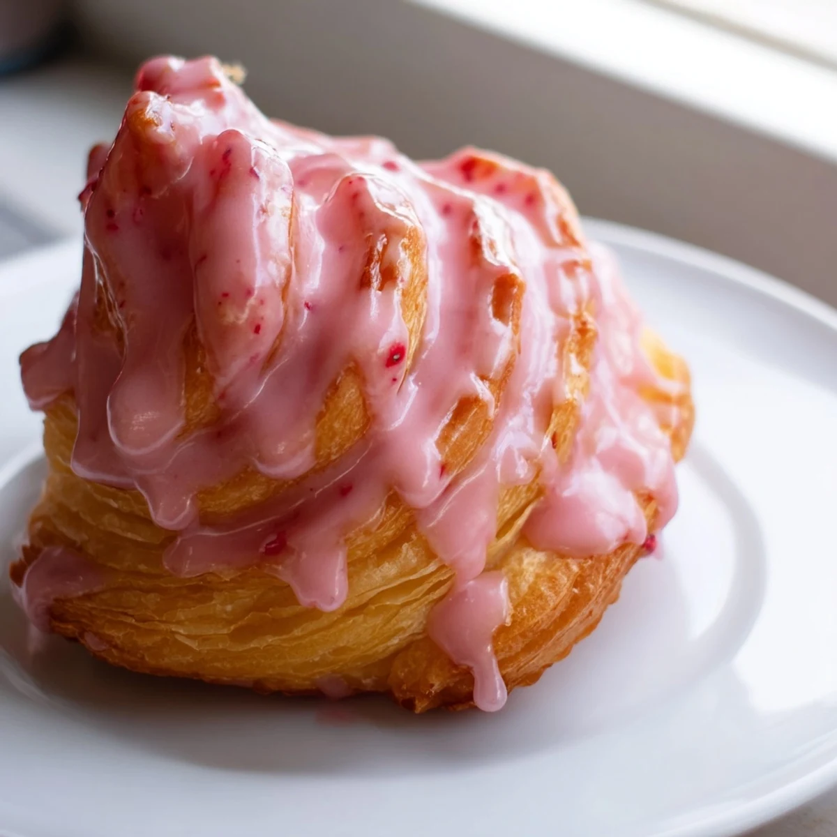 Crispy piped Strawberry Glazed French Crullers topped with shiny berry glaze close-up