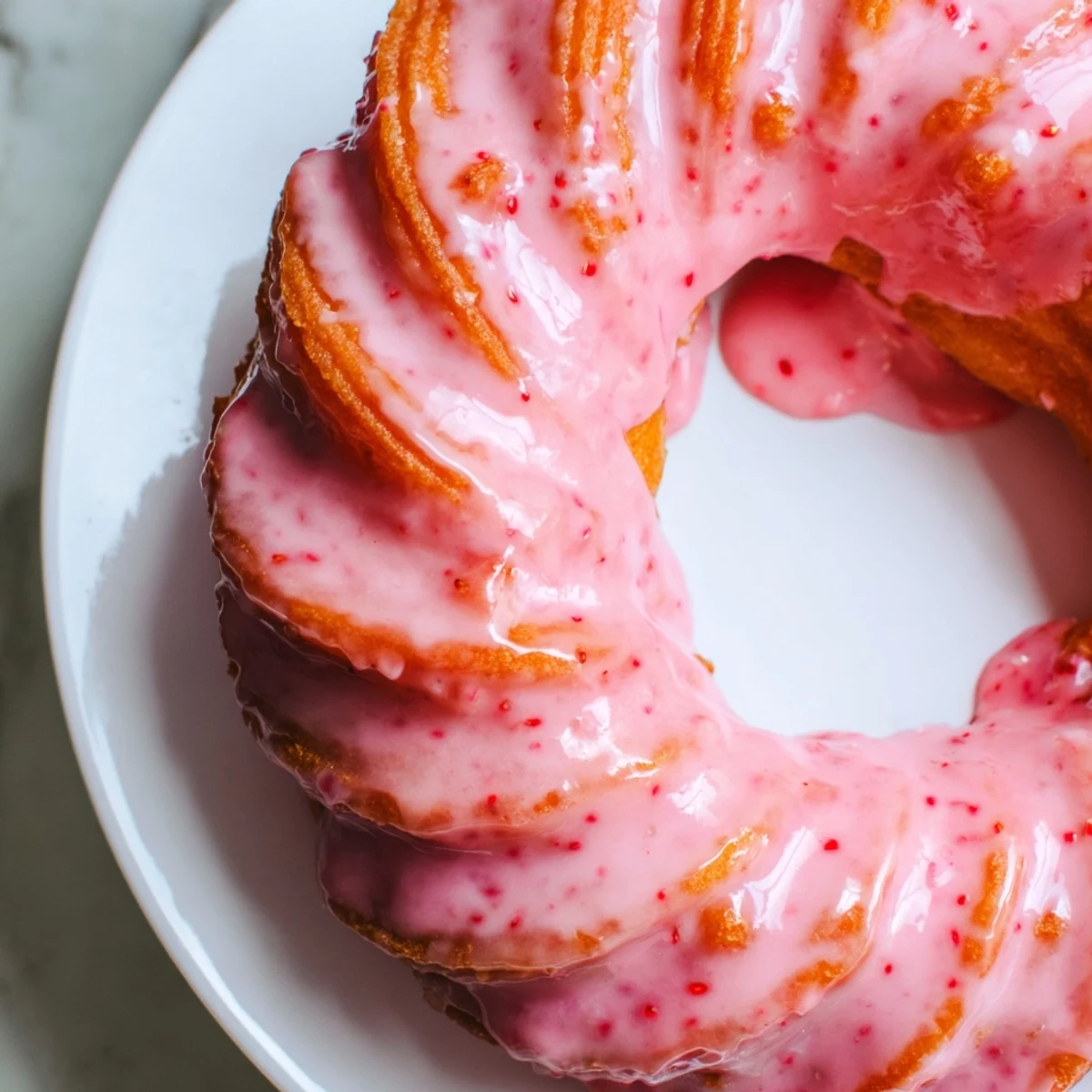 Fluffy Strawberry Glazed French Crullers arranged on a plate with fresh strawberries nearby