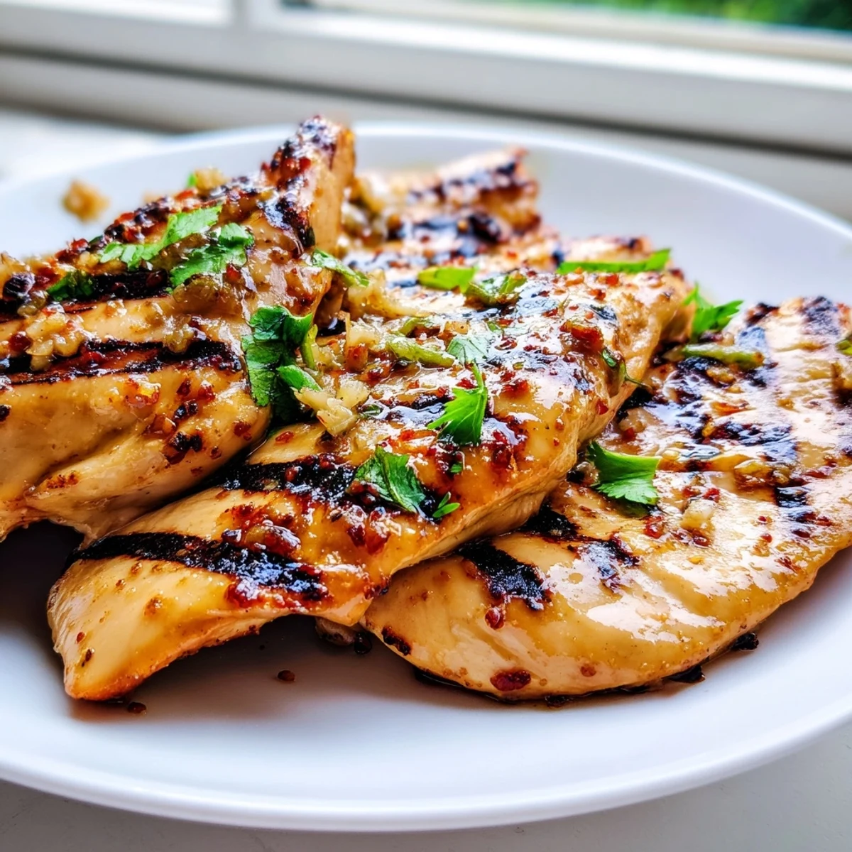 Golden grilled honey lime chicken with fresh cilantro and lime wedges on a plate