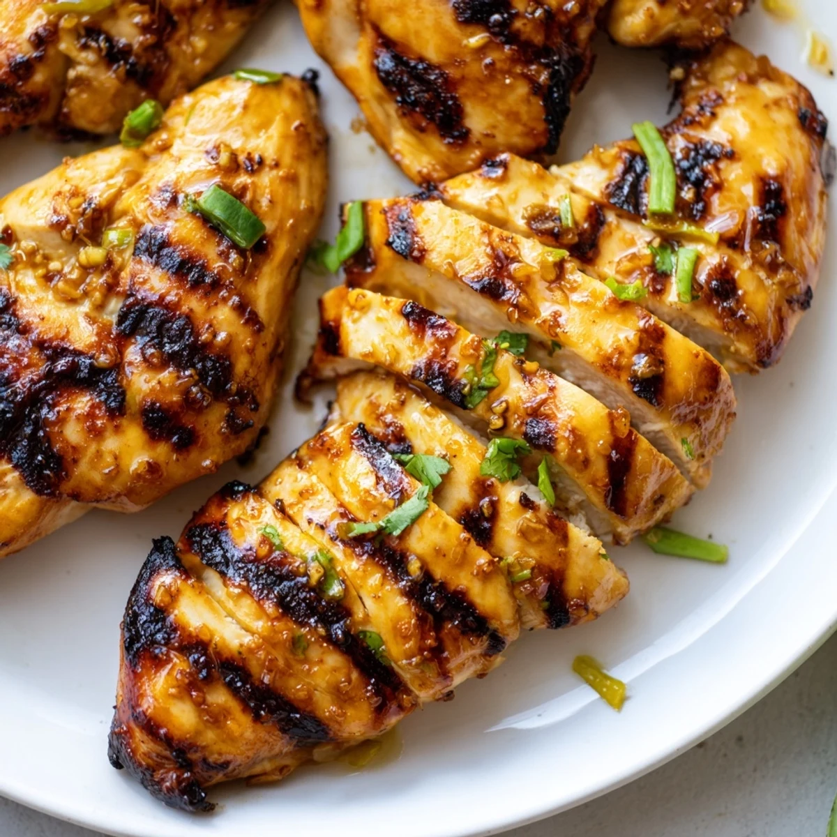 Honey lime chicken breasts glazed and garnished with cilantro beside grilled vegetables