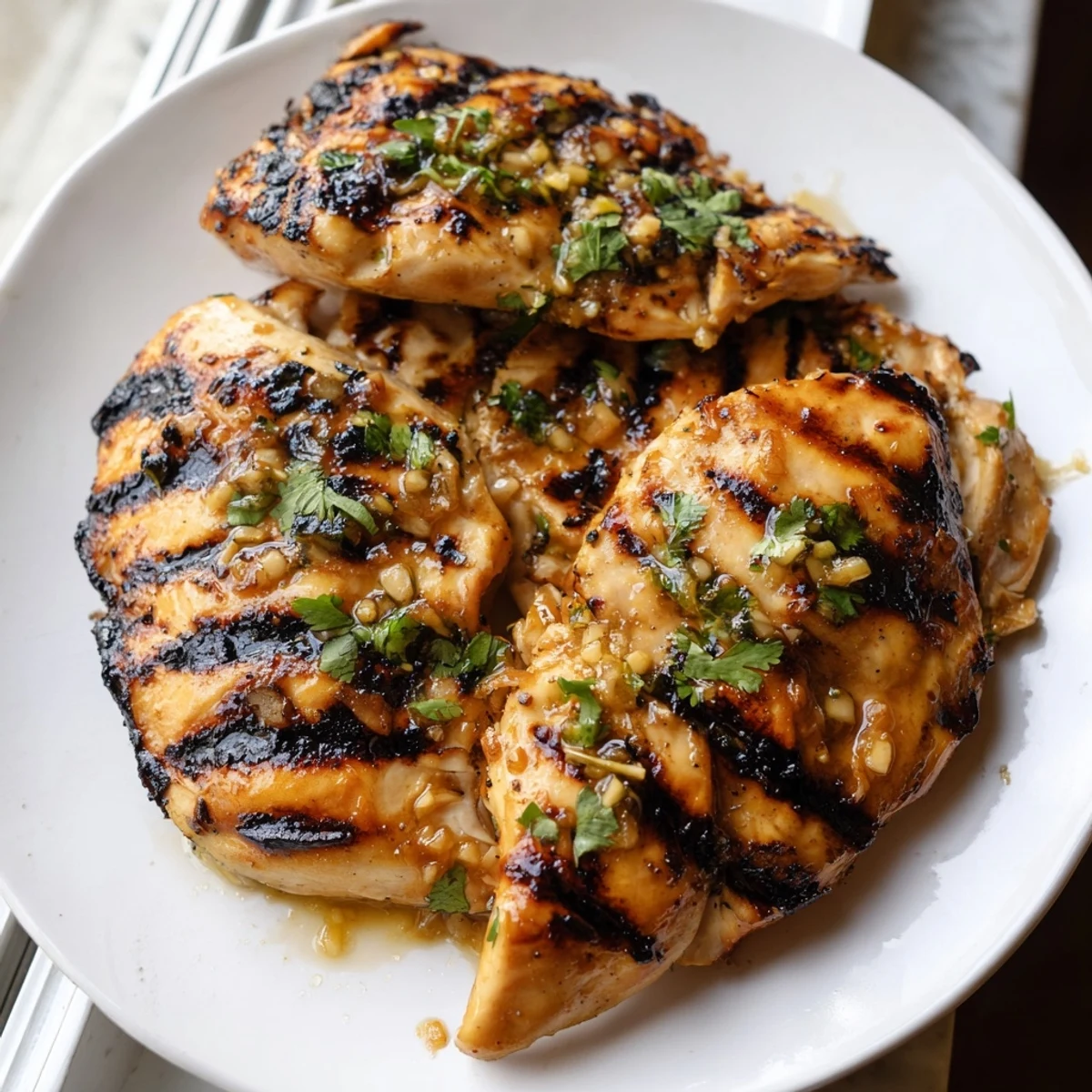 Juicy honey lime chicken sliced open showing tender meat with charred grill marks