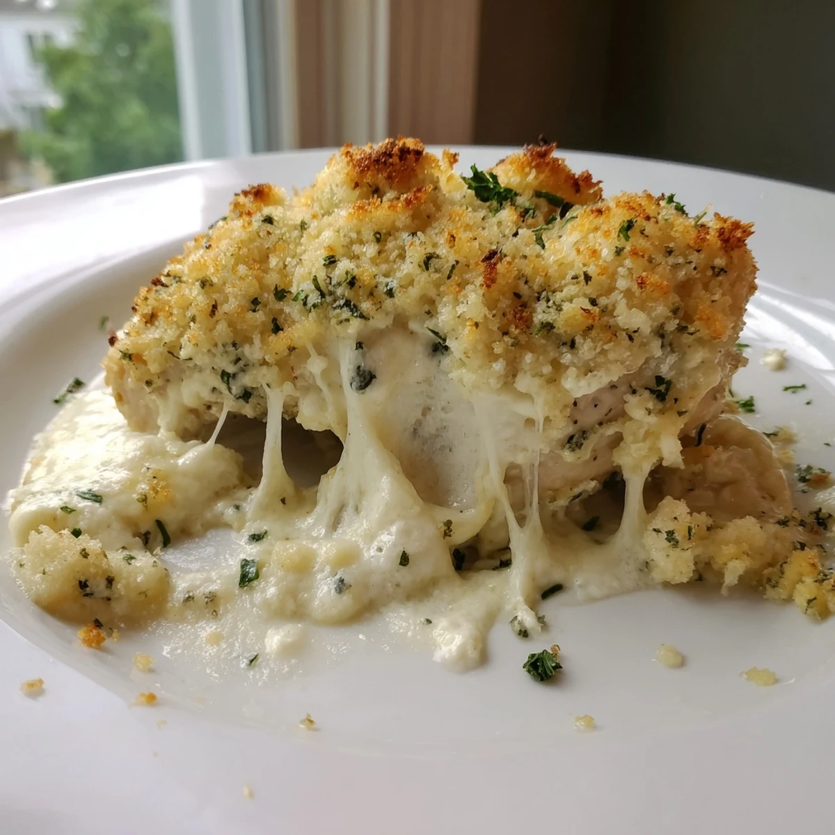 Golden crusted ricotta chicken bake fresh from the oven, bubbling with melted mozzarella cheese