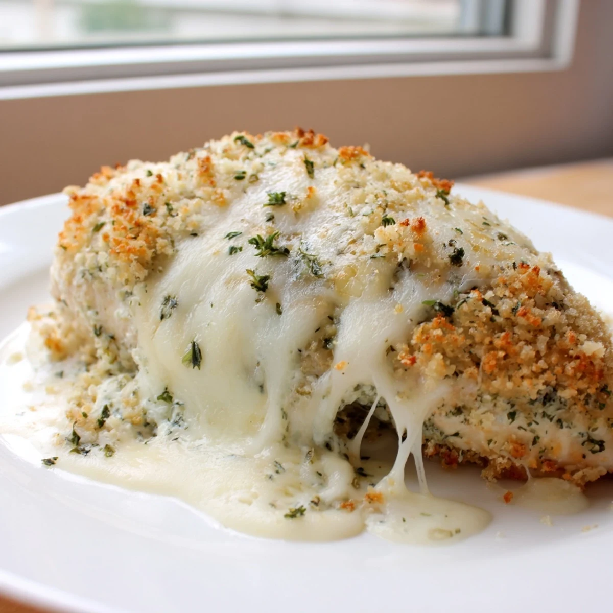 Creamy ricotta chicken bake topped with crispy herbed breadcrumbs, served on a white plate