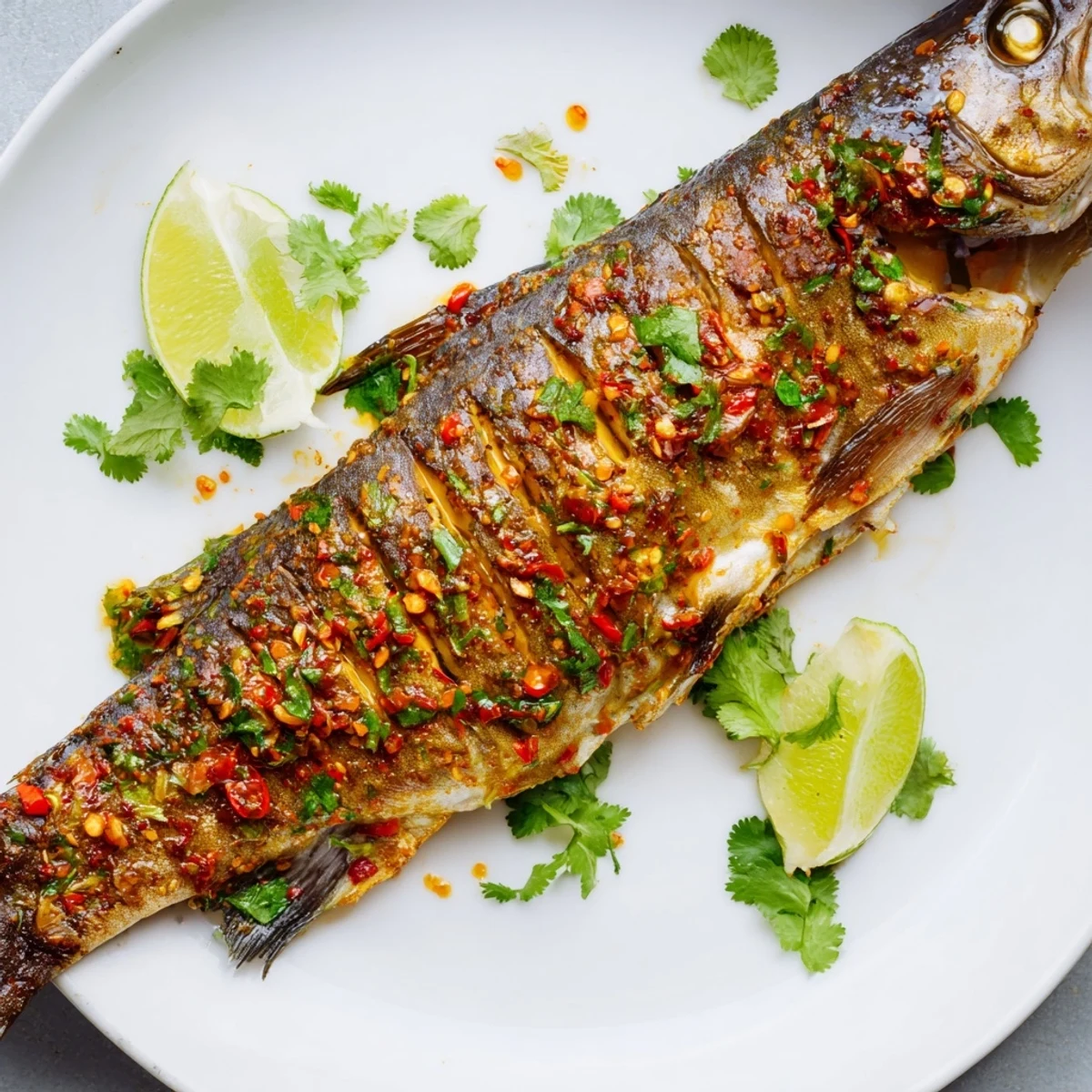 Golden chili lime baked trout with fresh cilantro on a rustic white plate
