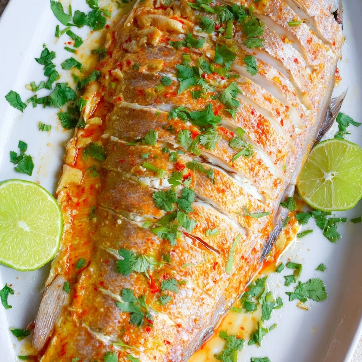 Juicy chili lime baked trout garnished with lime wedges and roasted vegetables