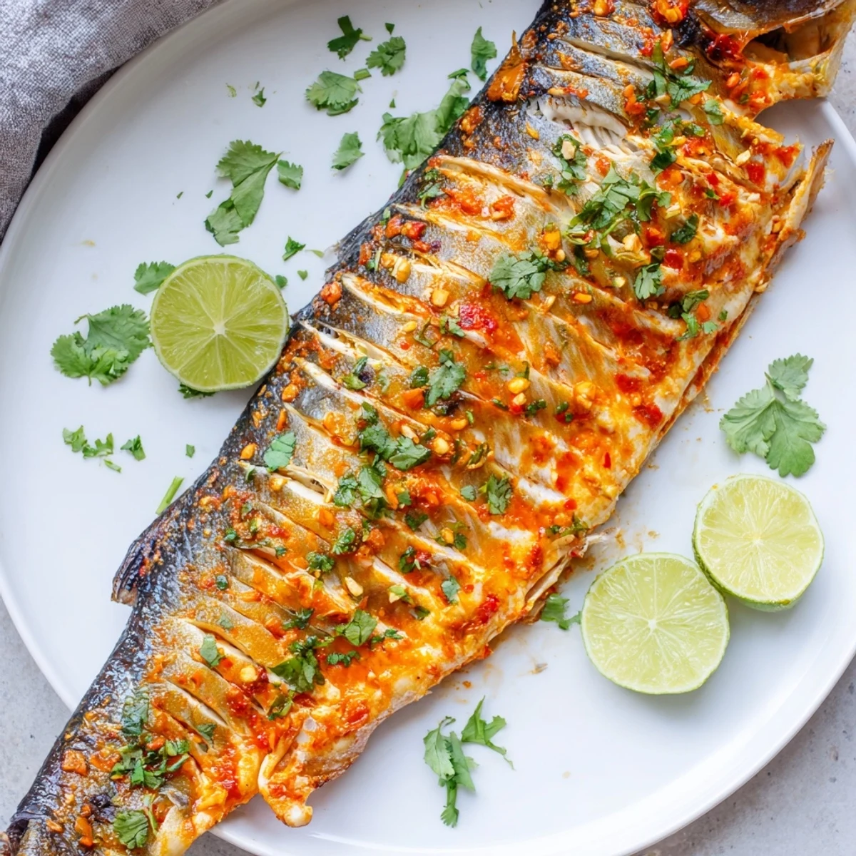Spicy chili lime baked trout with flaky skin drizzled in tangy citrus marinade