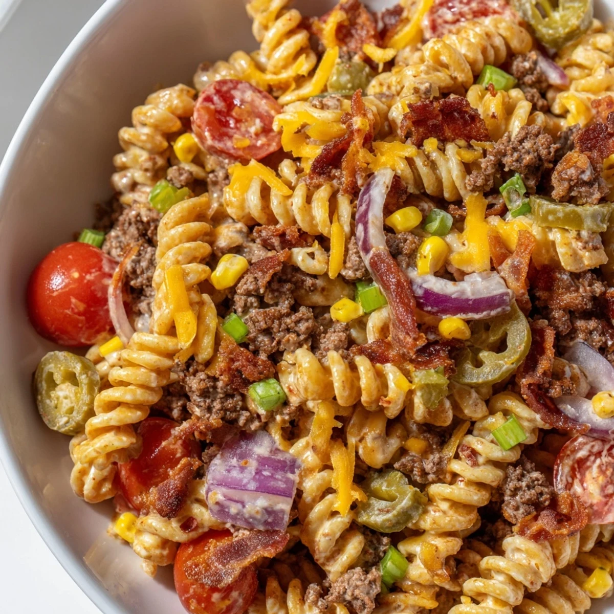 Creamy cowboy pasta salad loaded with ground beef, bacon, corn, and cheddar cheese in a rustic bowl