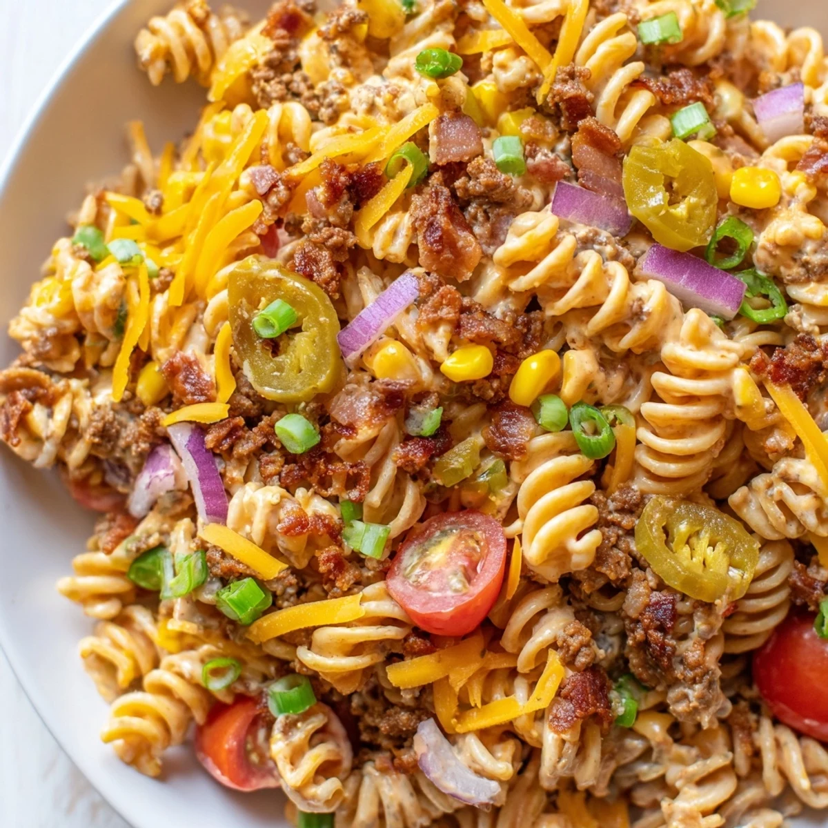 Cowboy pasta salad garnished with fresh green onions and cherry tomatoes, perfect for summer cookouts