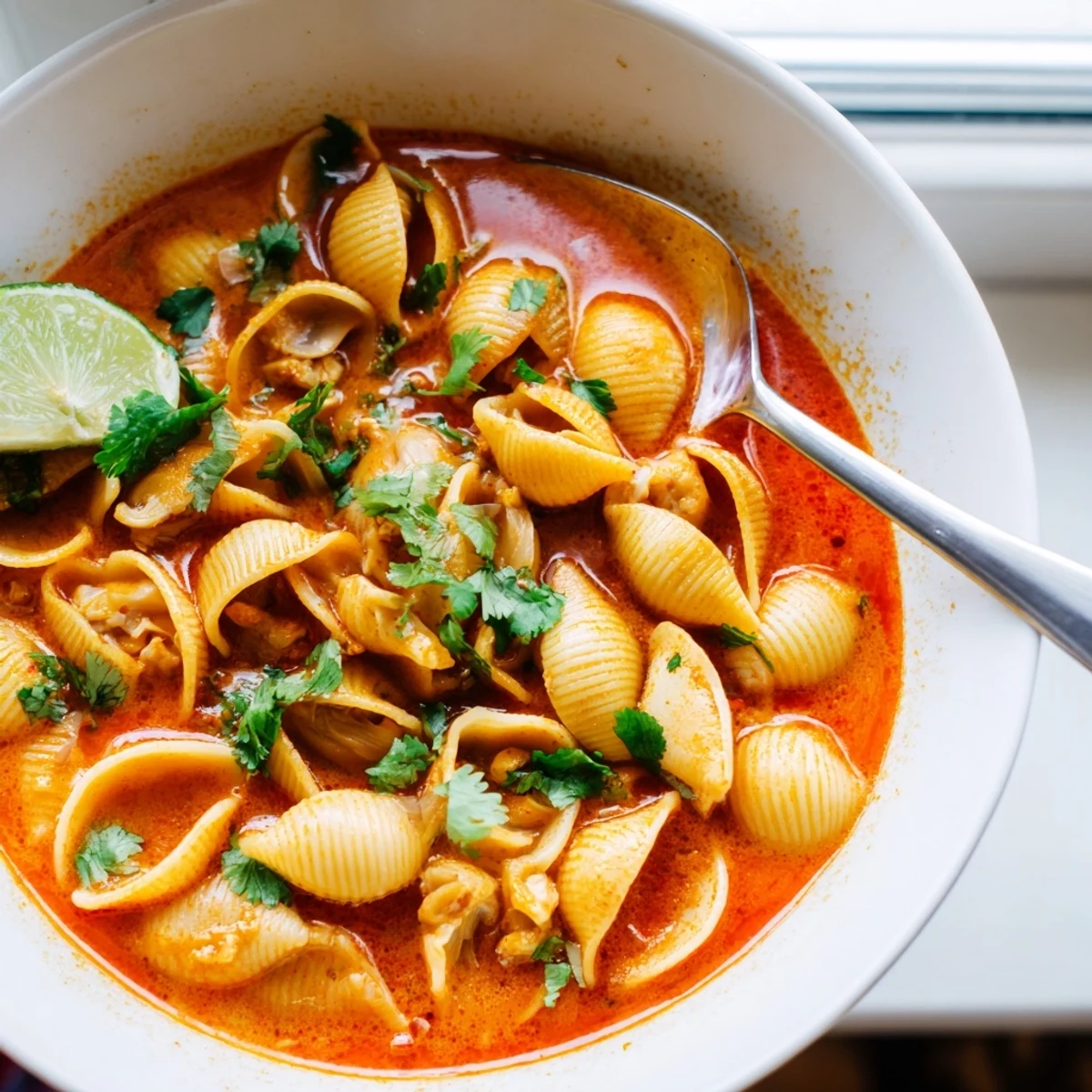 Steaming bowl of Sopa de Conchas with golden shell pasta in rich tomato broth