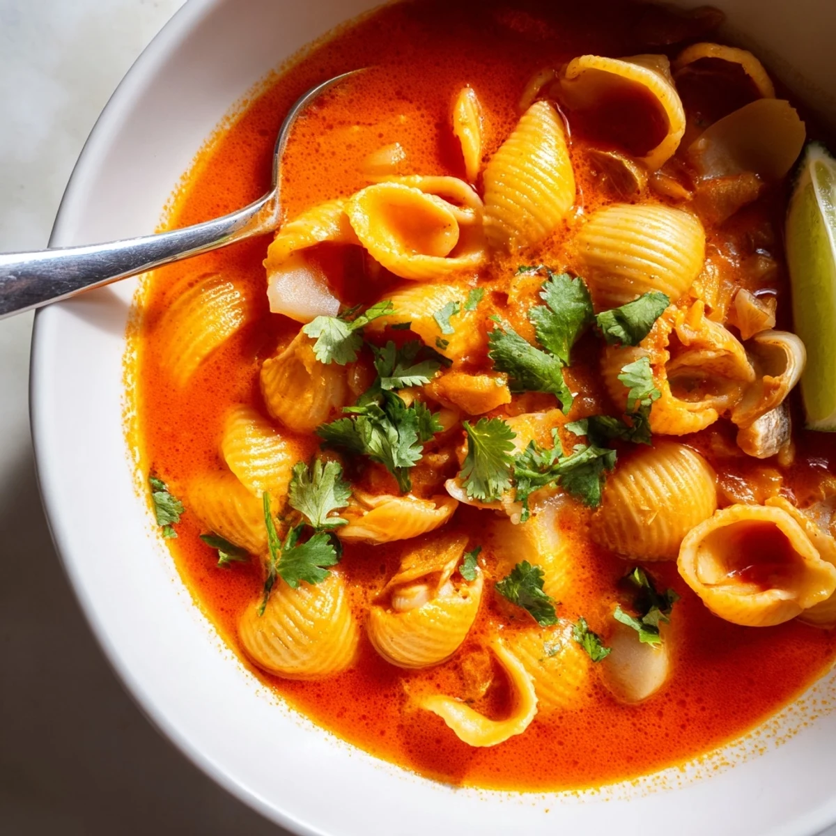 Golden toasted shell pasta swimming in vibrant red tomato broth for Sopa de Conchas