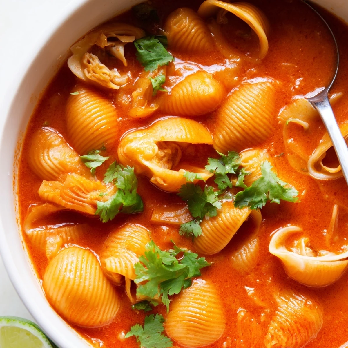 A comforting bowl of Sopa de Conchas garnished with fresh cilantro and lime wedges