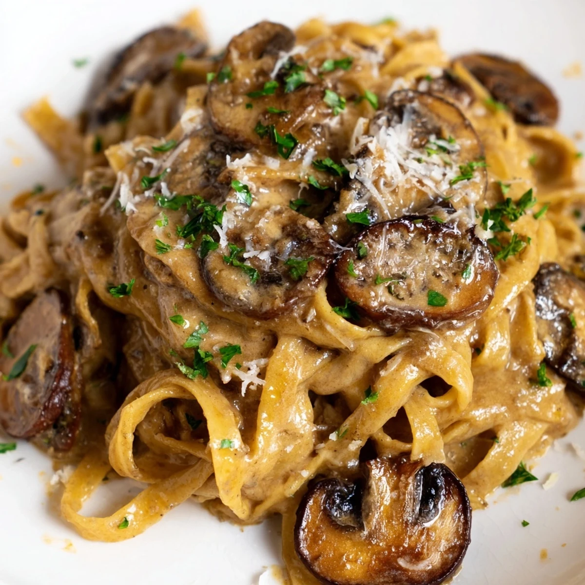 Creamy brown butter mushroom pasta topped with fresh parsley and shaved parmesan cheese