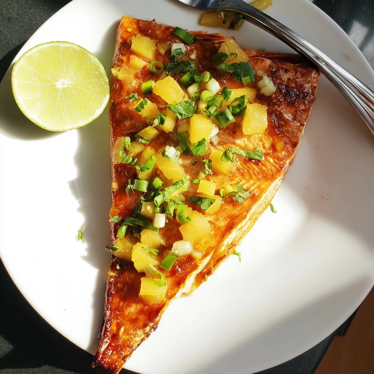 Glistening honey pineapple glazed salmon fillets fresh from the oven on a white platter