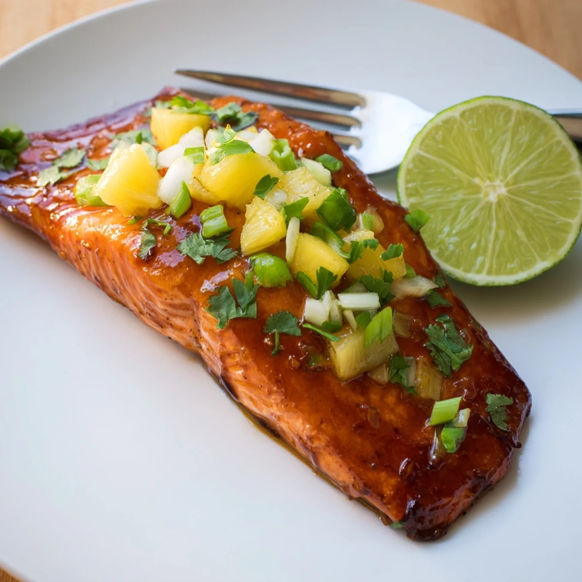 Golden honey pineapple glazed salmon topped with diced pineapple and fresh cilantro