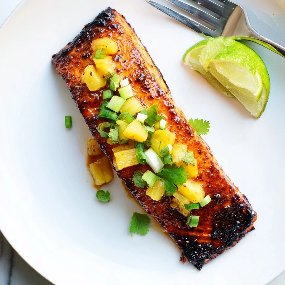 Caramelized honey pineapple glazed salmon served over fluffy jasmine rice with lime wedges