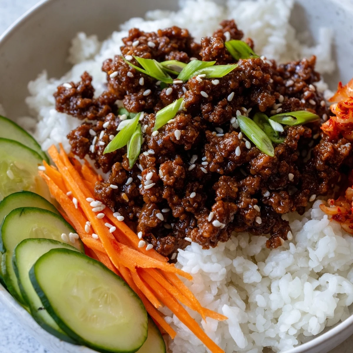 Korean ground beef bowl with glistening sesame-drizzled beef over fluffy steamed white rice