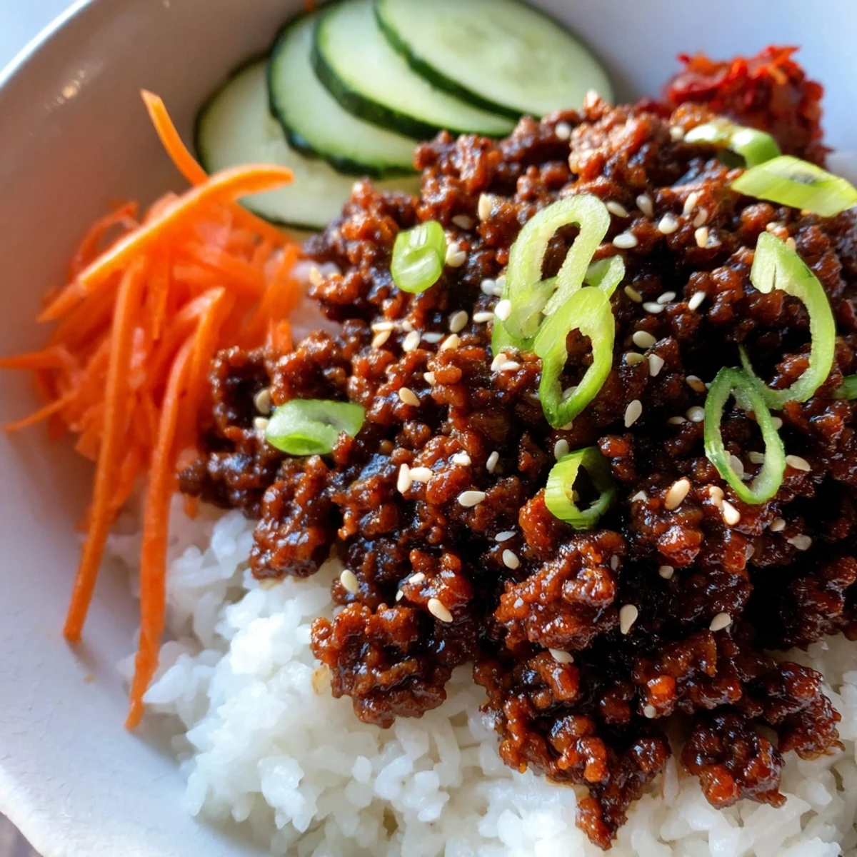 Savory Korean ground beef bowl topped with crisp julienned carrots and fresh cucumber slices