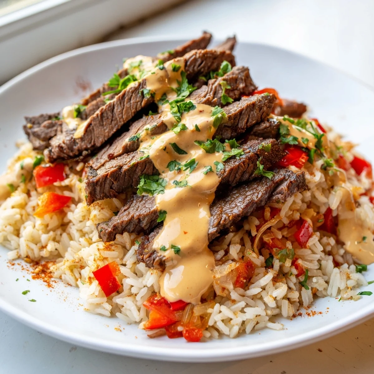 Creamy steak queso rice loaded with tender seared beef and melted cheese sauce