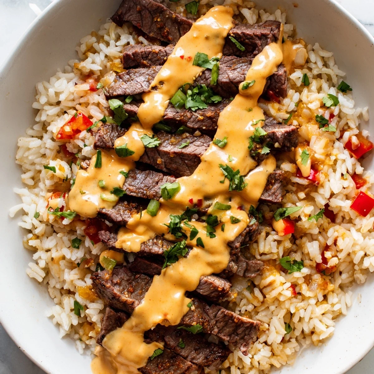 Steak queso rice topped with seasoned flank steak and warm queso drizzle