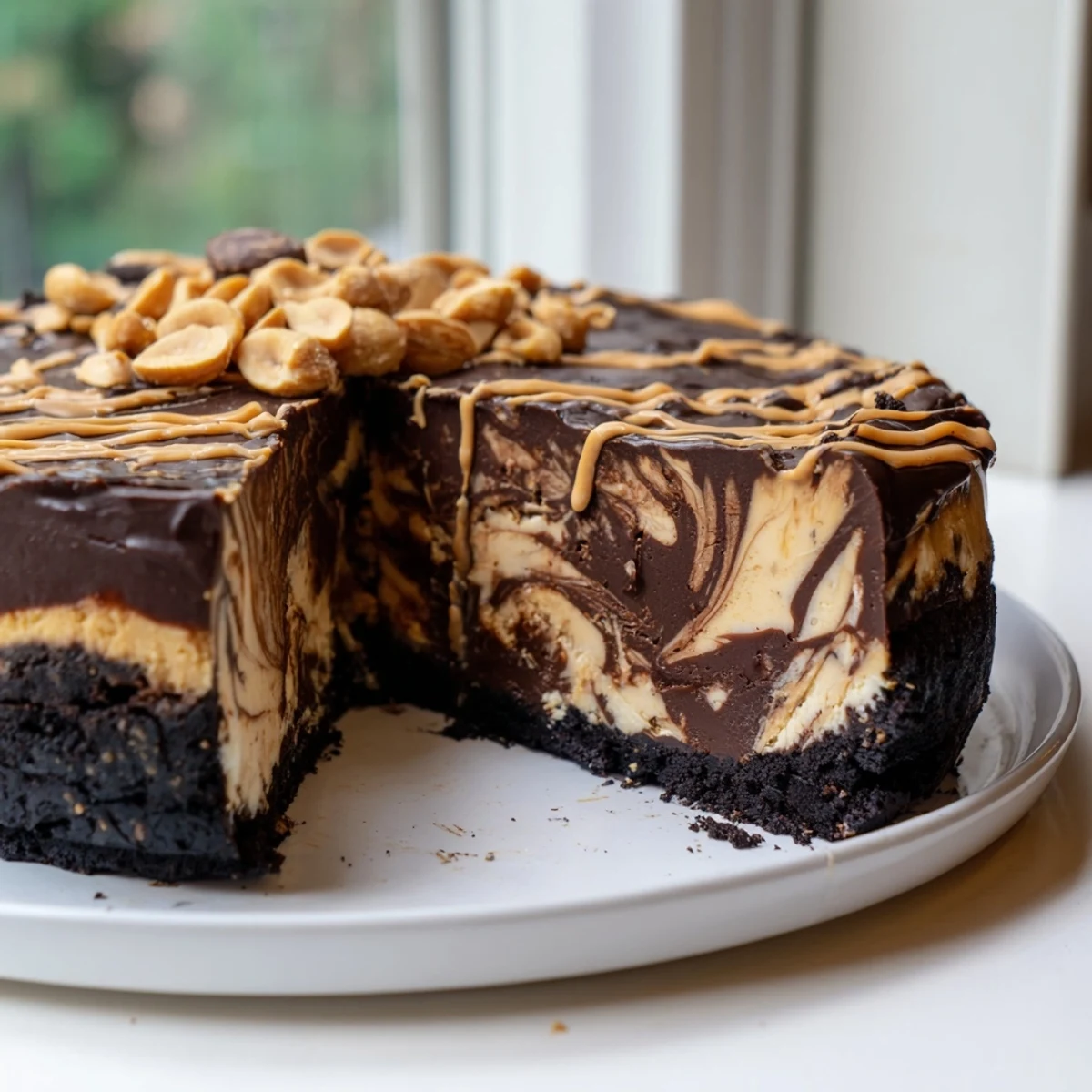 Golden peanut butter and dark chocolate swirl through this silky chocolate peanut butter cheesecake topped with chopped peanuts
