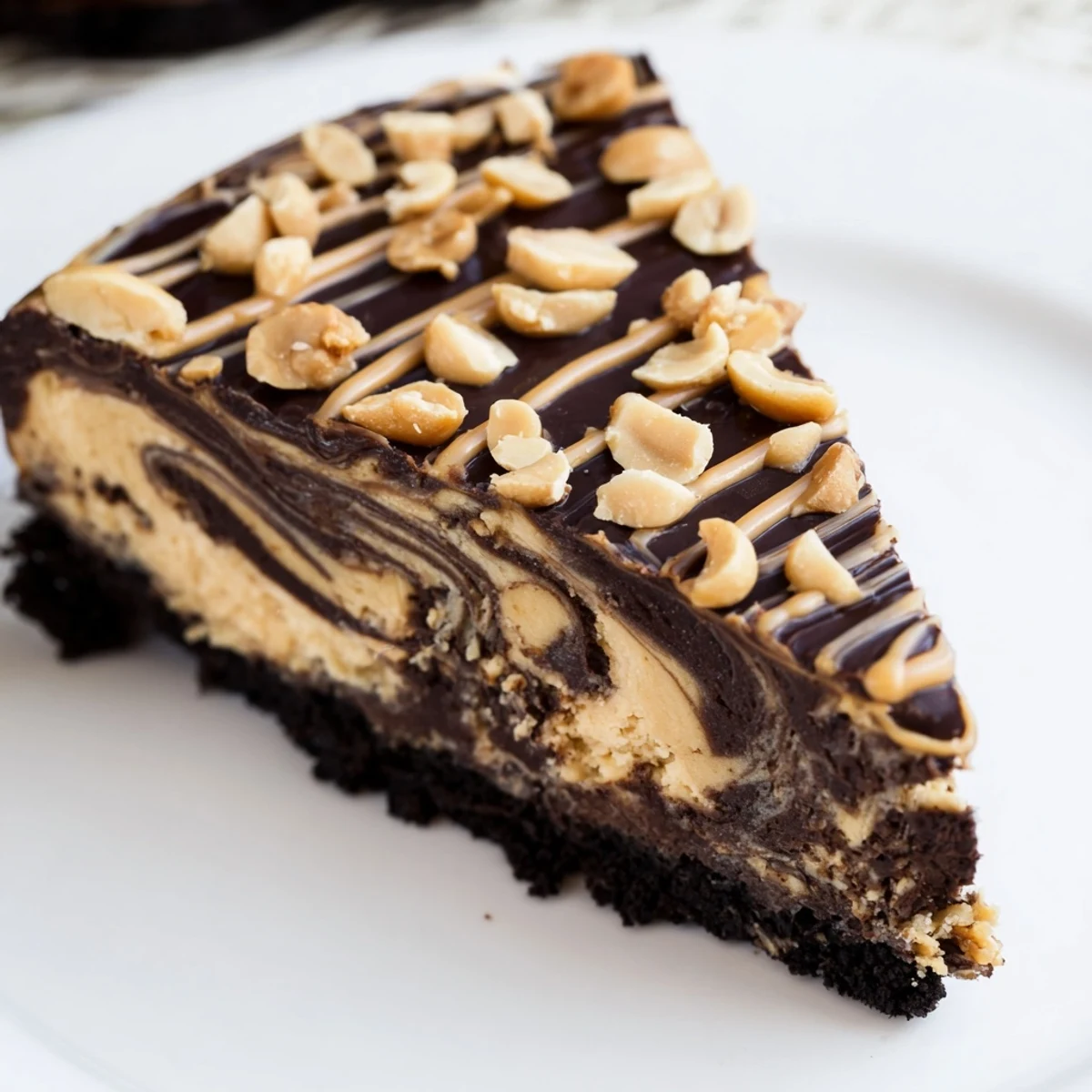 Creamy chocolate peanut butter cheesecake sliced to reveal a rich marbled filling atop a dark cookie crust