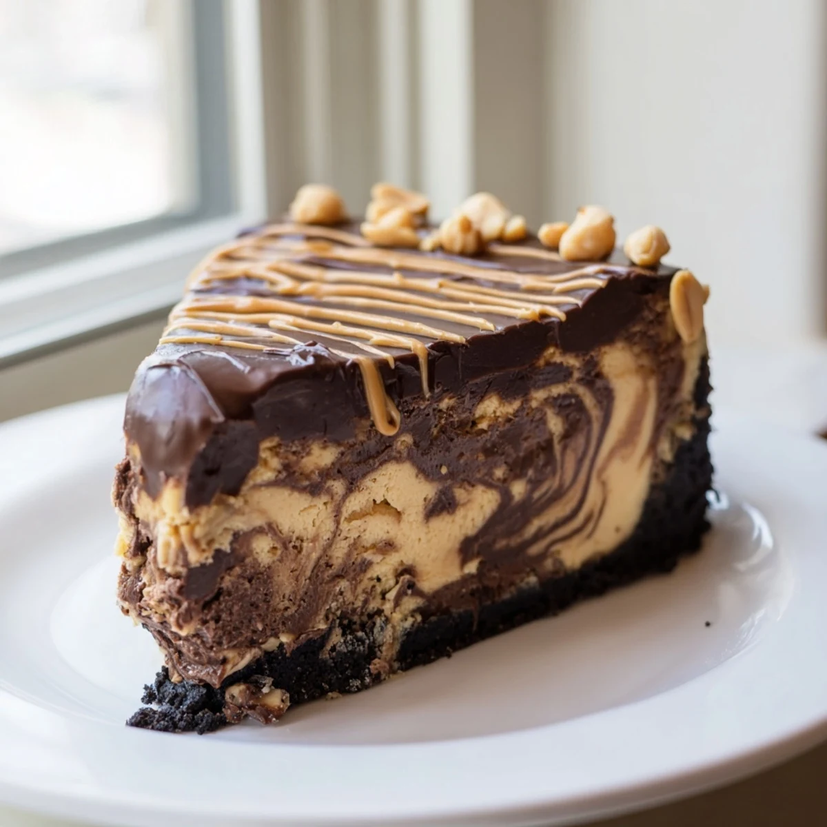 A decadent slice of chocolate peanut butter cheesecake glistening under a glossy ganache drizzle on a dessert plate