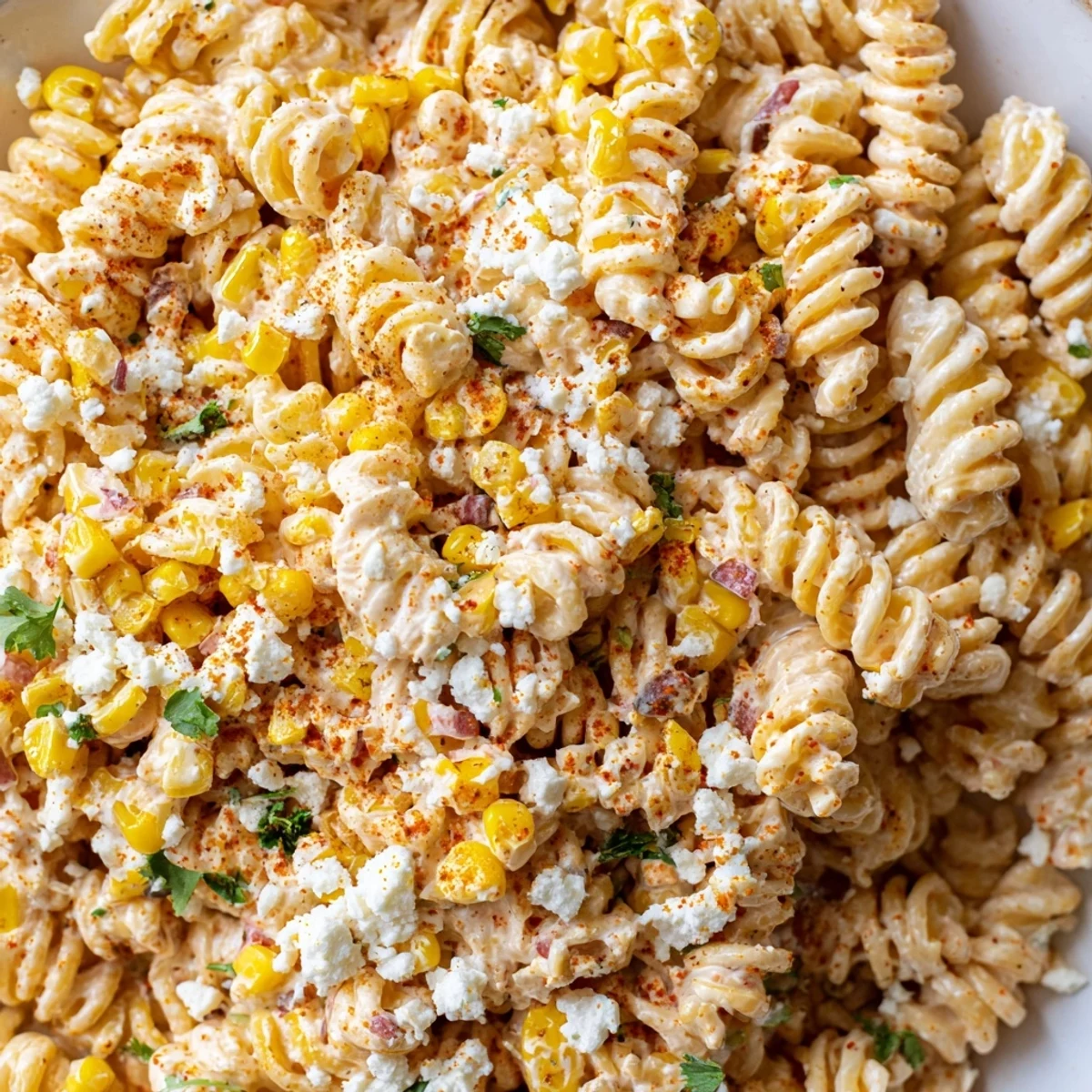 Creamy elote pasta salad topped with crumbled cotija cheese and fresh cilantro leaves