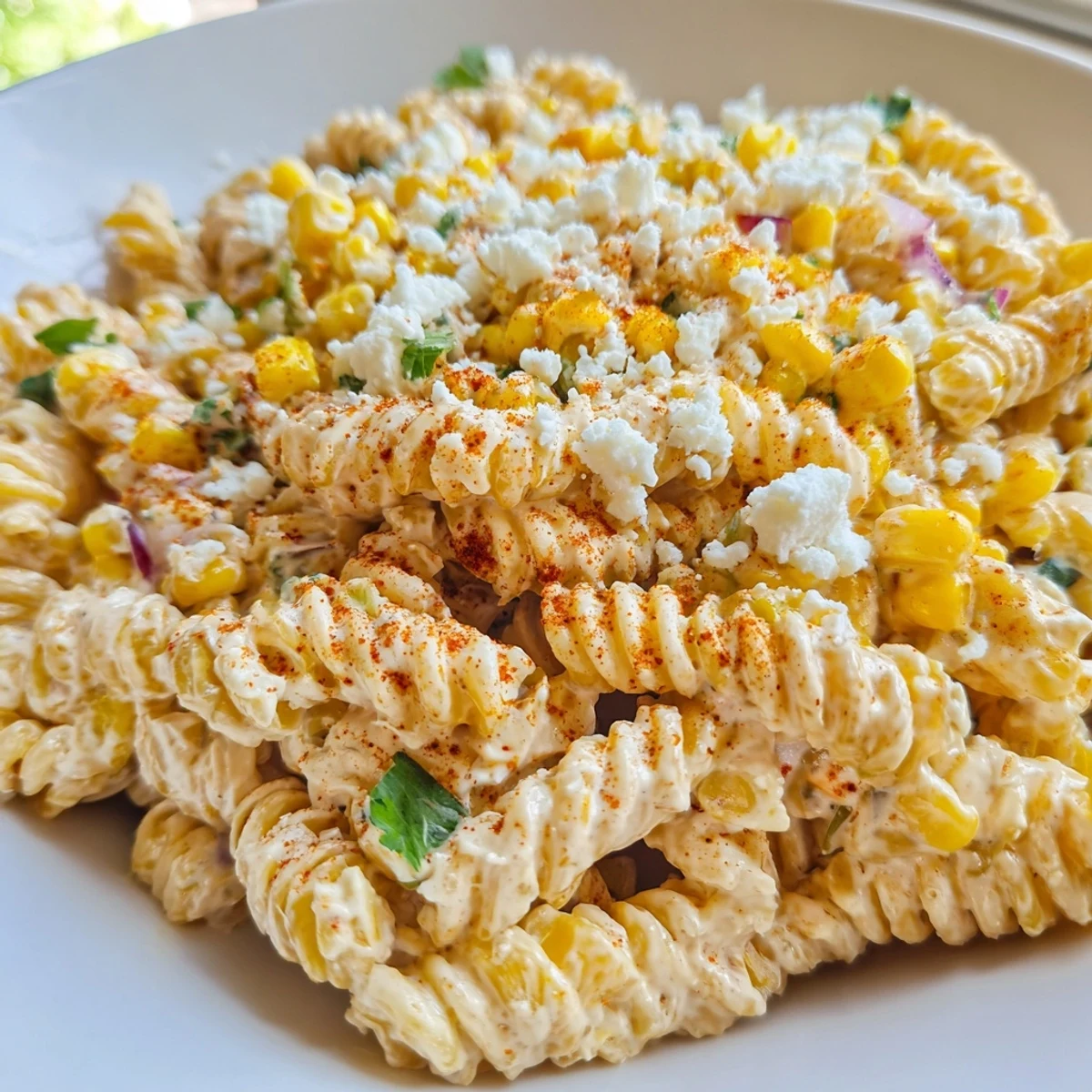 Serving bowl of elote pasta salad garnished with lime wedges and sprinkled smoked paprika