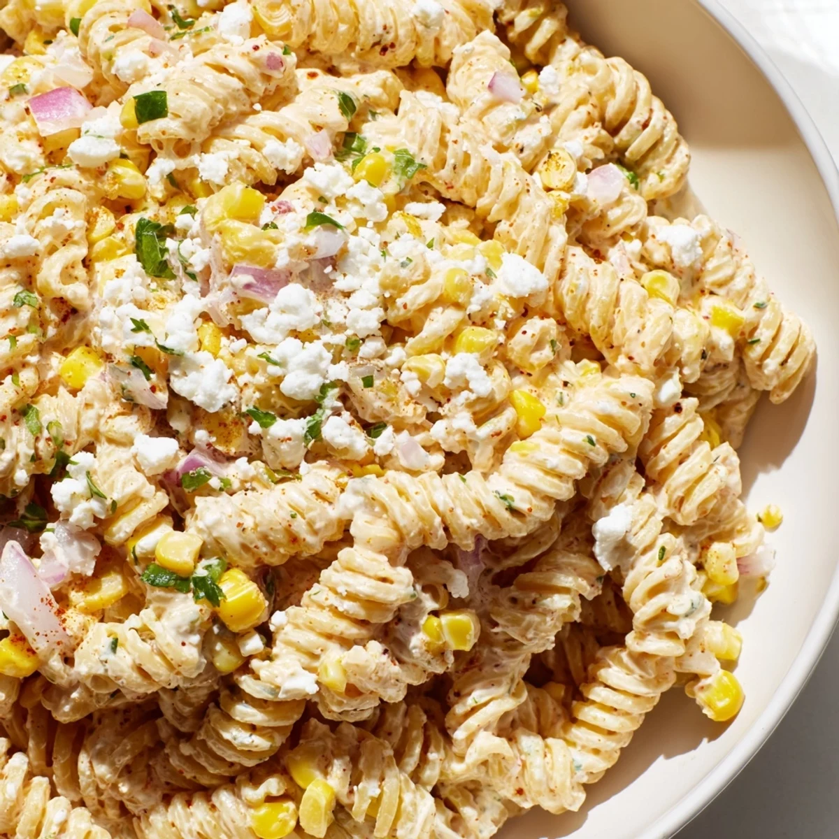 Vibrant elote pasta salad in a tangy lime dressing with sweet charred corn kernels