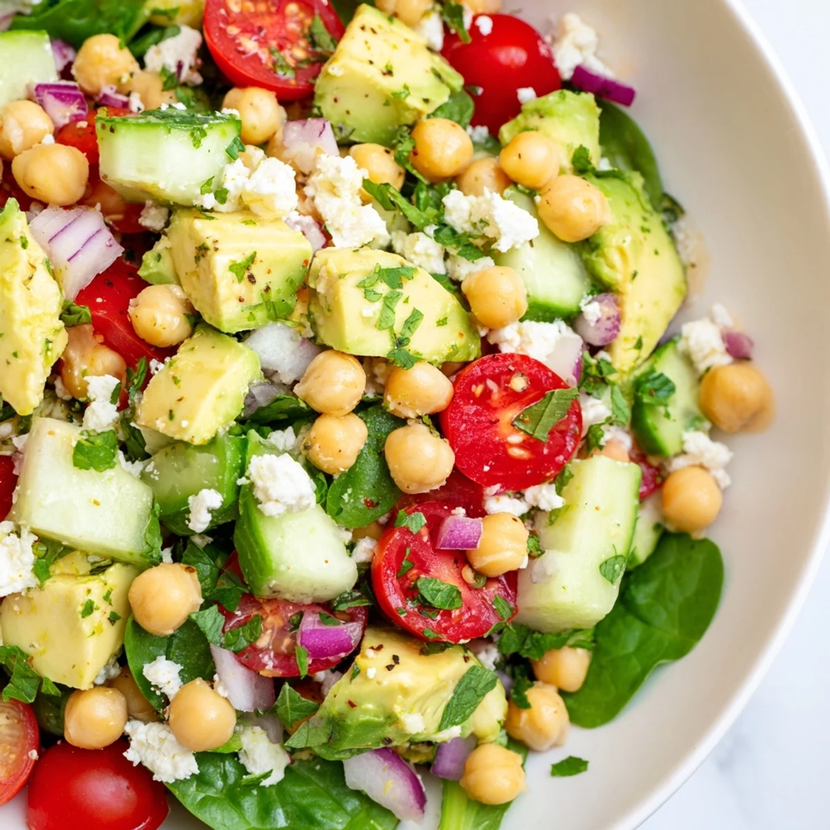 Creamy chickpea feta avocado salad piled in a rustic wooden serving bowl