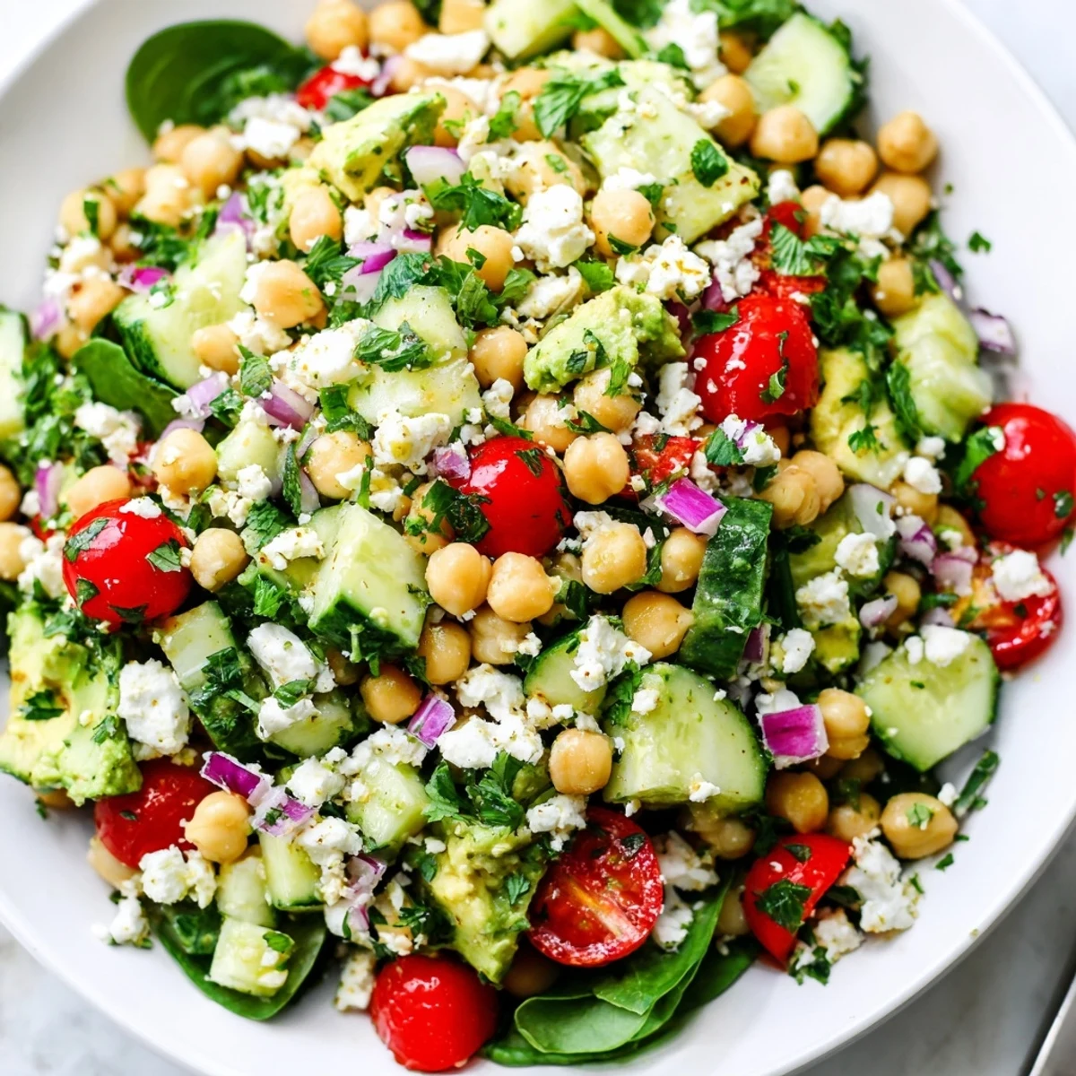 Vibrant chickpea feta avocado salad served over fresh greens with crumbled feta