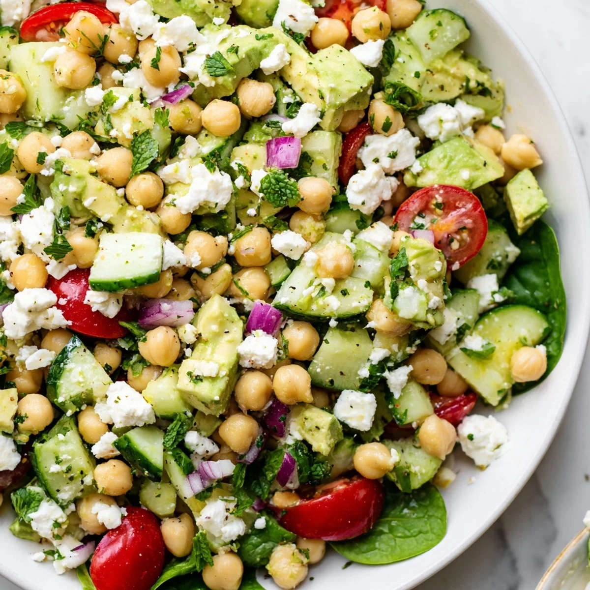 Chickpea feta avocado salad with bright cherry tomatoes and zesty lemon dressing