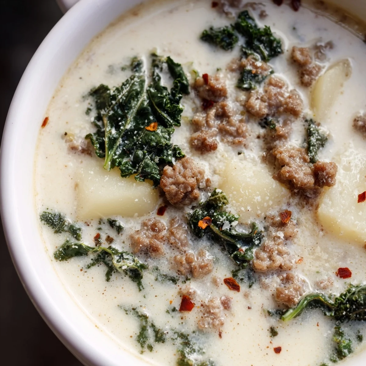 Creamy Zuppa Toscana soup loaded with sausage, kale, and tender potato slices