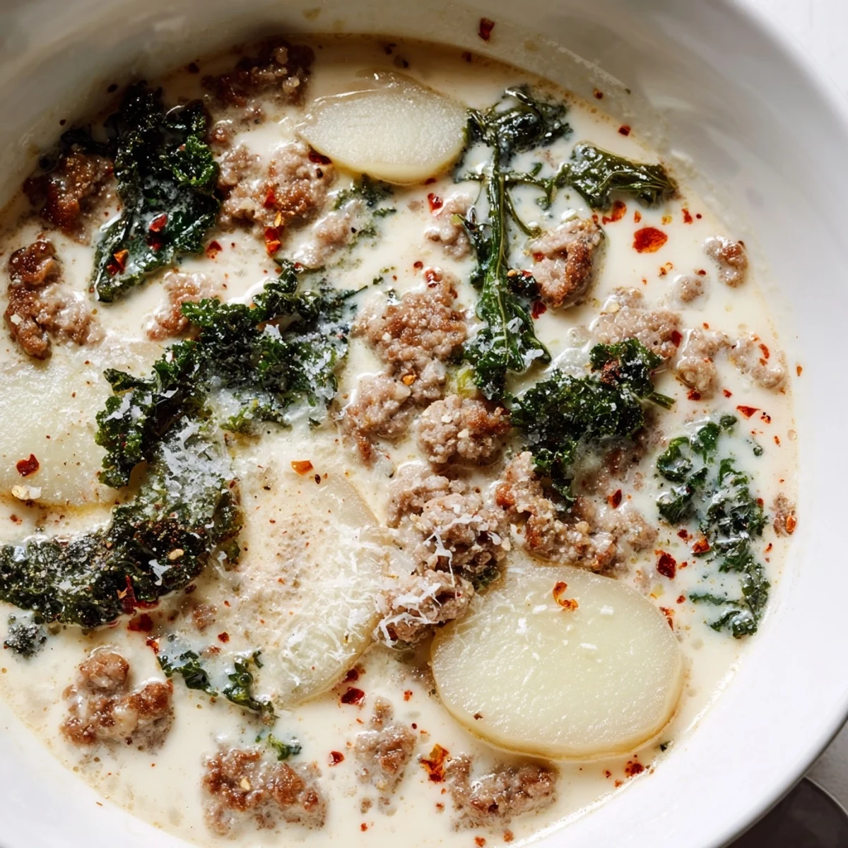 Steaming bowl of Zuppa Toscana soup topped with grated Parmesan and fresh kale