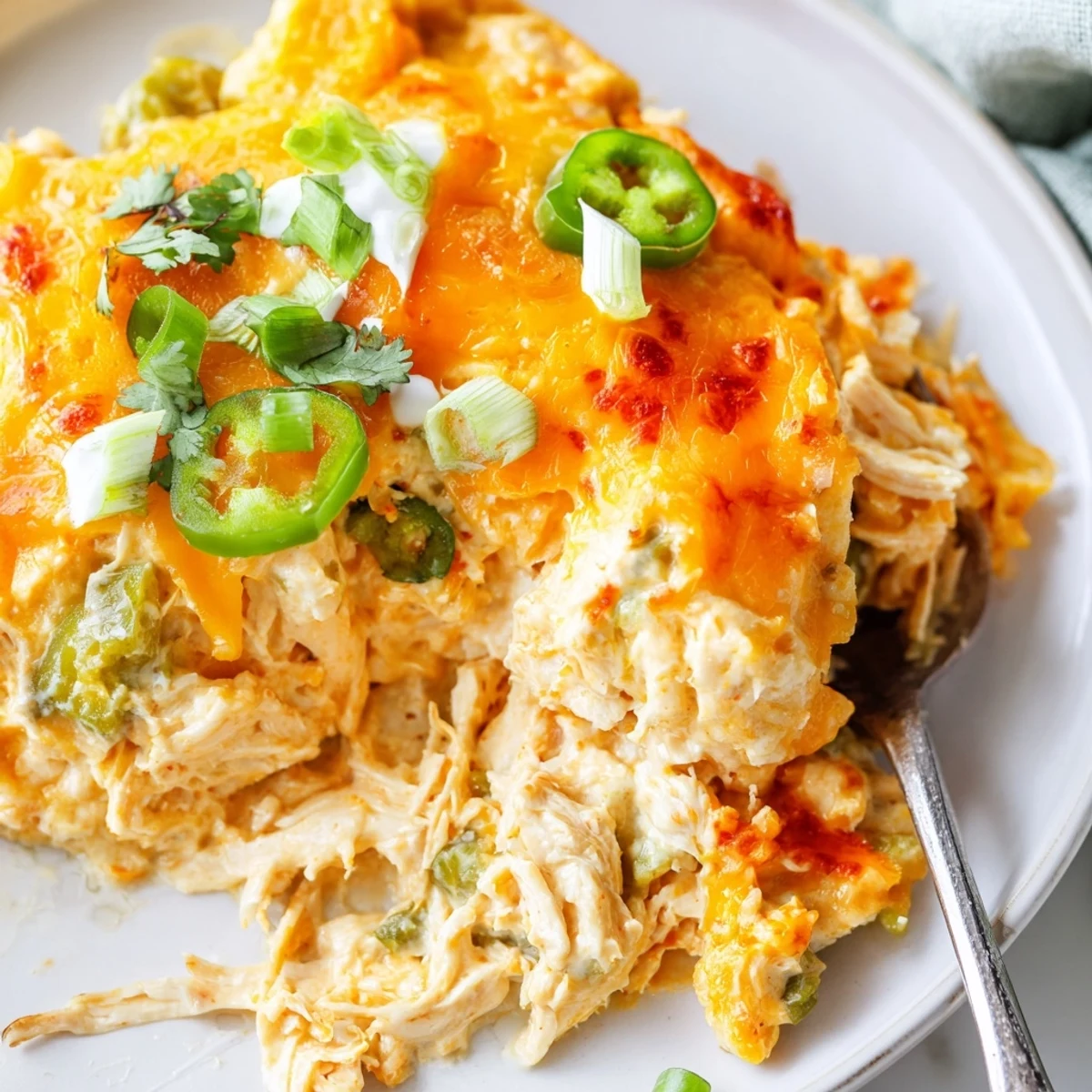 Bubbly Jalapeno Buffalo Chicken Casserole with melted cheddar and golden cheese topping