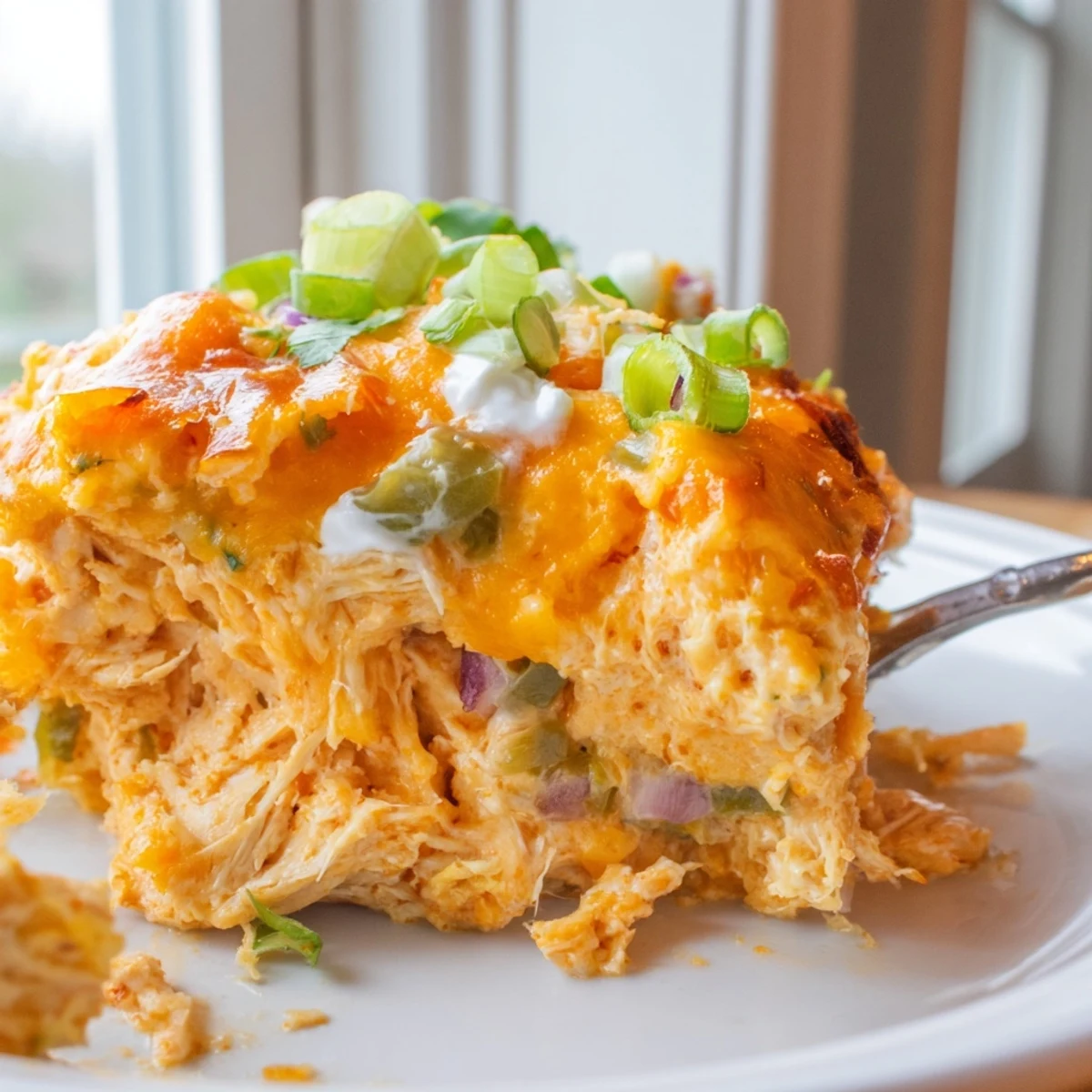 Creamy Jalapeno Buffalo Chicken Casserole served steaming in a rustic baking dish